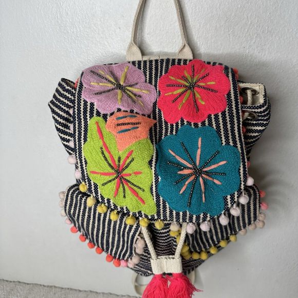 A&B America And Beyond Embroidered Floral Backpack Pom Poms Tassels Neon *Flaw - Picture 2 of 16
